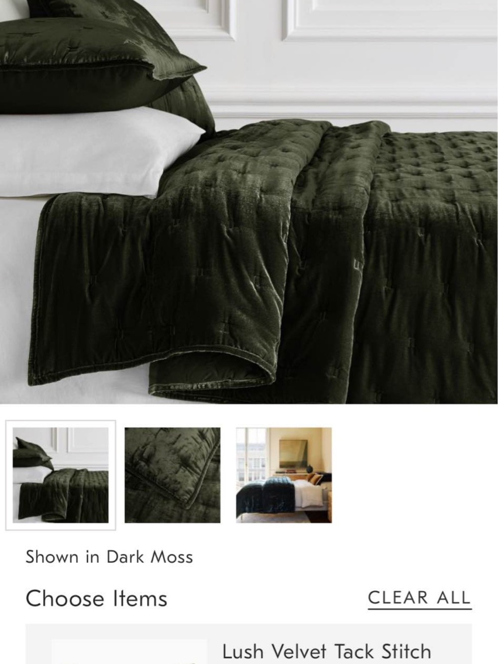 West Elm Lush Velvet Quilt in Dark Moss